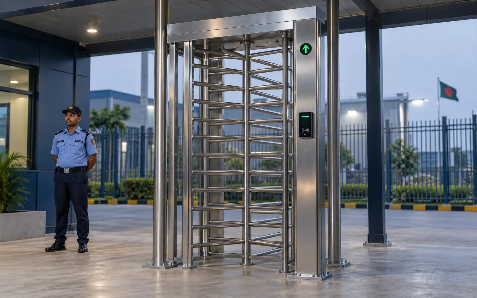 Full height turnstile at a secured industrial entrance